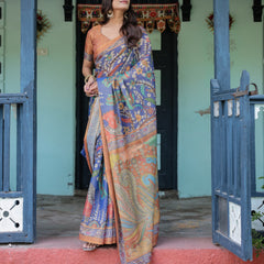 Royal Blue & Rust Handloom Cotton Saree with Bold Floral Print & Grand Peacock Pallu