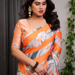 Orange Satin Georgette Floral Printed Saree with Attached Blouse – Lightweight Daisy Print Designer Saree for Festive & Casual Elegance