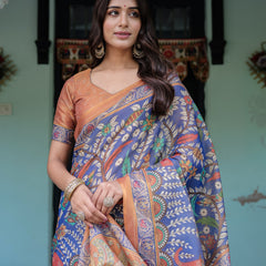 Royal Blue & Rust Handloom Cotton Saree with Bold Floral Print & Grand Peacock Pallu