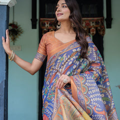 Royal Blue & Rust Handloom Cotton Saree with Bold Floral Print & Grand Peacock Pallu