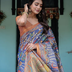 Royal Blue & Rust Handloom Cotton Saree with Bold Floral Print & Grand Peacock Pallu