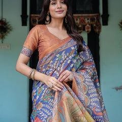 Royal Blue & Rust Handloom Cotton Saree with Bold Floral Print & Grand Peacock Pallu