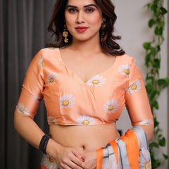Orange Satin Georgette Floral Printed Saree with Attached Blouse – Lightweight Daisy Print Designer Saree for Festive & Casual Elegance