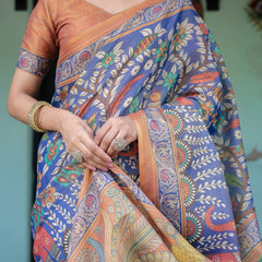 Royal Blue & Rust Handloom Cotton Saree with Bold Floral Print & Grand Peacock Pallu
