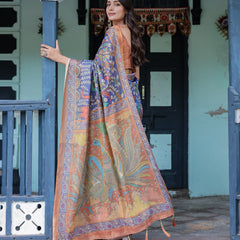 Royal Blue & Rust Handloom Cotton Saree with Bold Floral Print & Grand Peacock Pallu