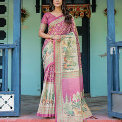Magenta Pink Handloom Cotton Saree with Floral Vines & Royal Elephant Procession Pallu