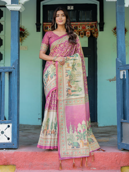 Magenta Pink Handloom Cotton Saree with Floral Vines & Royal Elephant Procession Pallu