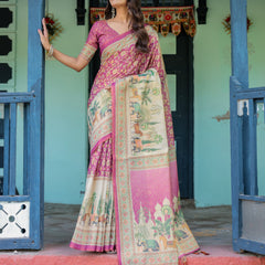 Magenta Pink Handloom Cotton Saree with Floral Vines & Royal Elephant Procession Pallu