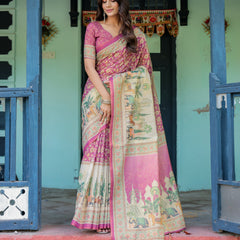 Magenta Pink Handloom Cotton Saree with Floral Vines & Royal Elephant Procession Pallu