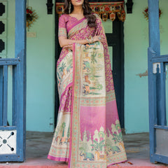 Magenta Pink Handloom Cotton Saree with Floral Vines & Royal Elephant Procession Pallu