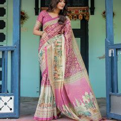 Magenta Pink Handloom Cotton Saree with Floral Vines & Royal Elephant Procession Pallu