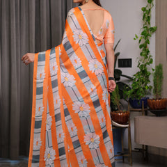 Orange Satin Georgette Floral Printed Saree with Attached Blouse – Lightweight Daisy Print Designer Saree for Festive & Casual Elegance