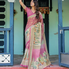 Magenta Pink Handloom Cotton Saree with Floral Vines & Royal Elephant Procession Pallu