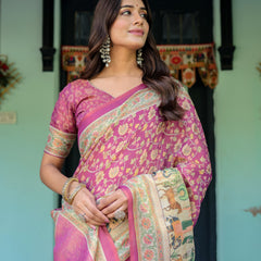 Magenta Pink Handloom Cotton Saree with Floral Vines & Royal Elephant Procession Pallu