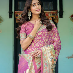 Magenta Pink Handloom Cotton Saree with Floral Vines & Royal Elephant Procession Pallu