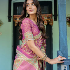 Magenta Pink Handloom Cotton Saree with Floral Vines & Royal Elephant Procession Pallu