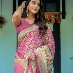Magenta Pink Handloom Cotton Saree with Floral Vines & Royal Elephant Procession Pallu
