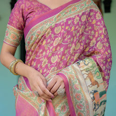 Magenta Pink Handloom Cotton Saree with Floral Vines & Royal Elephant Procession Pallu