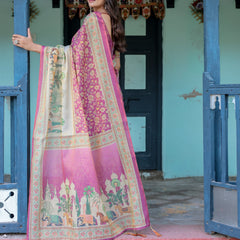 Magenta Pink Handloom Cotton Saree with Floral Vines & Royal Elephant Procession Pallu