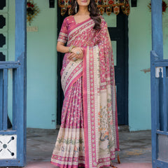 Rose Pink Handloom Cotton Saree with Ivory Elephant Procession Pallu & Floral Print