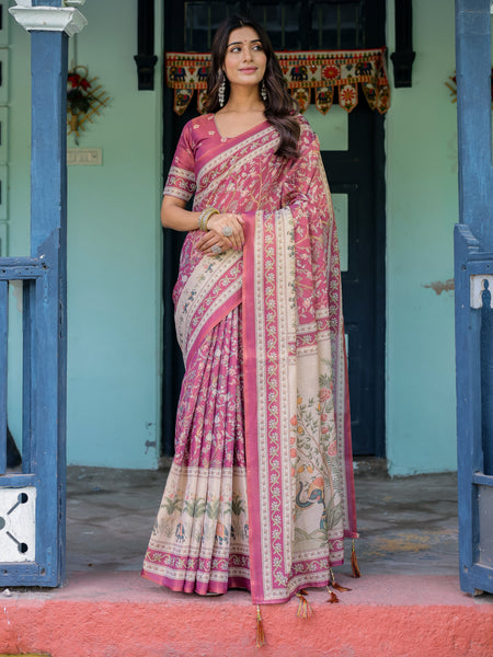 Rose Pink Handloom Cotton Saree with Ivory Elephant Procession Pallu & Floral Print
