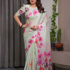 Mint Green Satin Georgette Floral Printed Saree with Attached Blouse – Soft Pastel Designer Saree with Watercolor Bloom Detailing