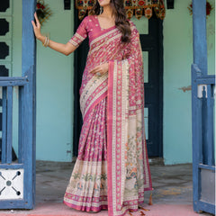 Rose Pink Handloom Cotton Saree with Ivory Elephant Procession Pallu & Floral Print