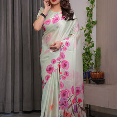 Mint Green Satin Georgette Floral Printed Saree with Attached Blouse – Soft Pastel Designer Saree with Watercolor Bloom Detailing