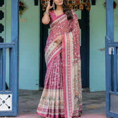 Rose Pink Handloom Cotton Saree with Ivory Elephant Procession Pallu & Floral Print