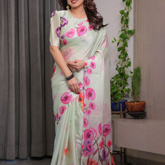 Mint Green Satin Georgette Floral Printed Saree with Attached Blouse – Soft Pastel Designer Saree with Watercolor Bloom Detailing