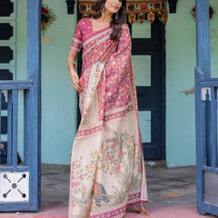 Rose Pink Handloom Cotton Saree with Ivory Elephant Procession Pallu & Floral Print