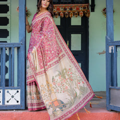 Rose Pink Handloom Cotton Saree with Ivory Elephant Procession Pallu & Floral Print