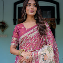 Rose Pink Handloom Cotton Saree with Ivory Elephant Procession Pallu & Floral Print