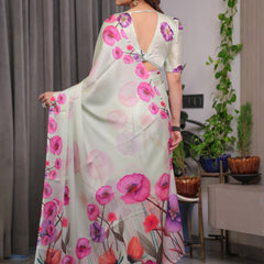 Mint Green Satin Georgette Floral Printed Saree with Attached Blouse – Soft Pastel Designer Saree with Watercolor Bloom Detailing