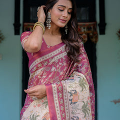 Rose Pink Handloom Cotton Saree with Ivory Elephant Procession Pallu & Floral Print