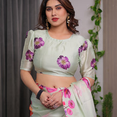Mint Green Satin Georgette Floral Printed Saree with Attached Blouse – Soft Pastel Designer Saree with Watercolor Bloom Detailing