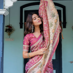 Rose Pink Handloom Cotton Saree with Ivory Elephant Procession Pallu & Floral Print