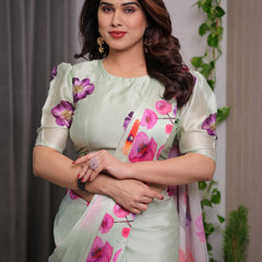 Mint Green Satin Georgette Floral Printed Saree with Attached Blouse – Soft Pastel Designer Saree with Watercolor Bloom Detailing