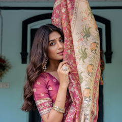 Rose Pink Handloom Cotton Saree with Ivory Elephant Procession Pallu & Floral Print