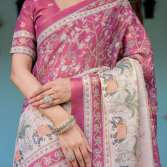 Rose Pink Handloom Cotton Saree with Ivory Elephant Procession Pallu & Floral Print