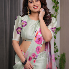 Mint Green Satin Georgette Floral Printed Saree with Attached Blouse – Soft Pastel Designer Saree with Watercolor Bloom Detailing