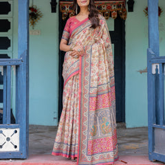 Ivory Pink Handloom Cotton Saree with Floral Print & Traditional Peacock Arch Pallu