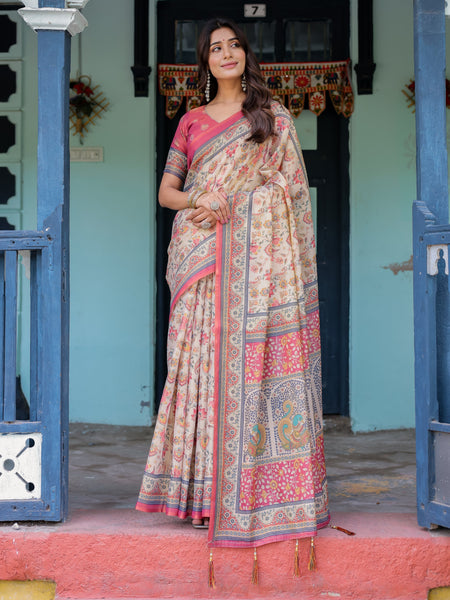 Ivory Pink Handloom Cotton Saree with Floral Print & Traditional Peacock Arch Pallu