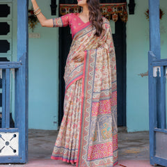 Ivory Pink Handloom Cotton Saree with Floral Print & Traditional Peacock Arch Pallu