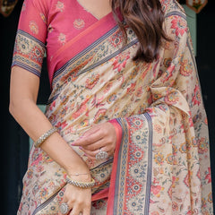 Ivory Pink Handloom Cotton Saree with Floral Print & Traditional Peacock Arch Pallu