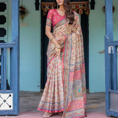 Ivory Pink Handloom Cotton Saree with Floral Print & Traditional Peacock Arch Pallu