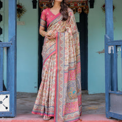 Ivory Pink Handloom Cotton Saree with Floral Print & Traditional Peacock Arch Pallu