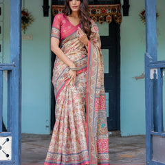 Ivory Pink Handloom Cotton Saree with Floral Print & Traditional Peacock Arch Pallu