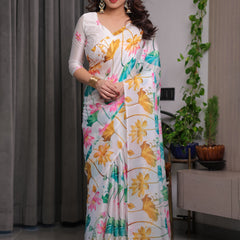 White Satin Georgette Lotus Floral Printed Saree with Attached Blouse – Elegant Watercolor Designer Saree for Festive & Graceful Occasions