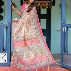 Ivory Pink Handloom Cotton Saree with Floral Print & Traditional Peacock Arch Pallu